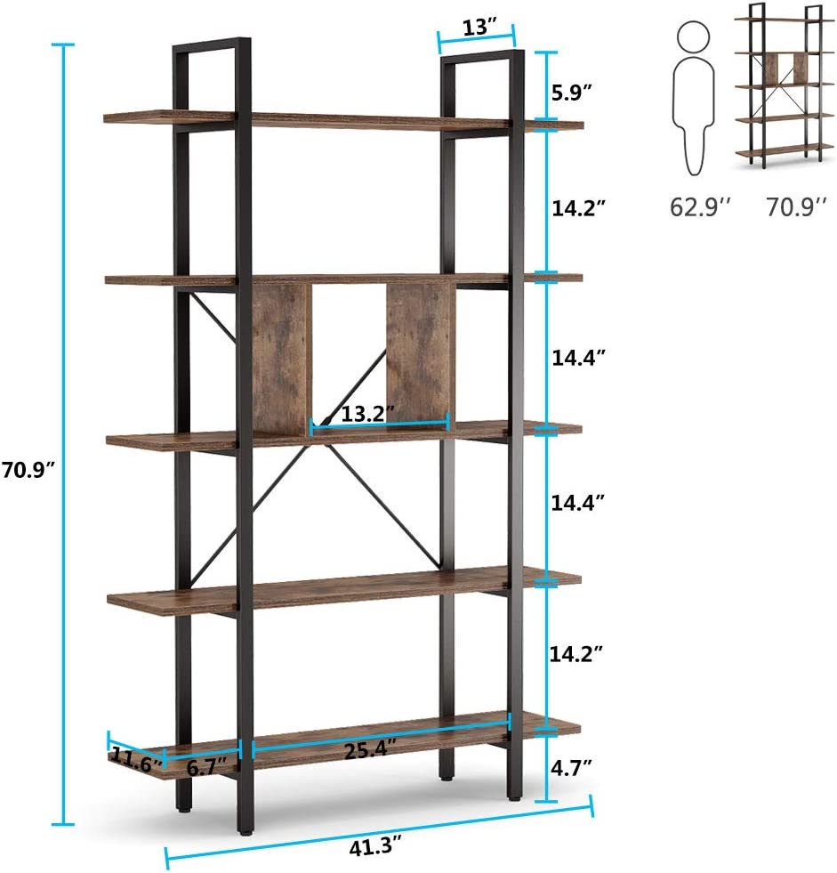 5-Tier Bookshelf,  Industrial Bookcase Display Storage Shelf