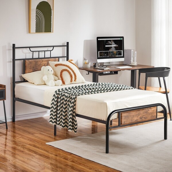 Industrial 3-Pieces Bedroom Set Platform Bed Frame and Nightstands Set of 2 - - 36913922