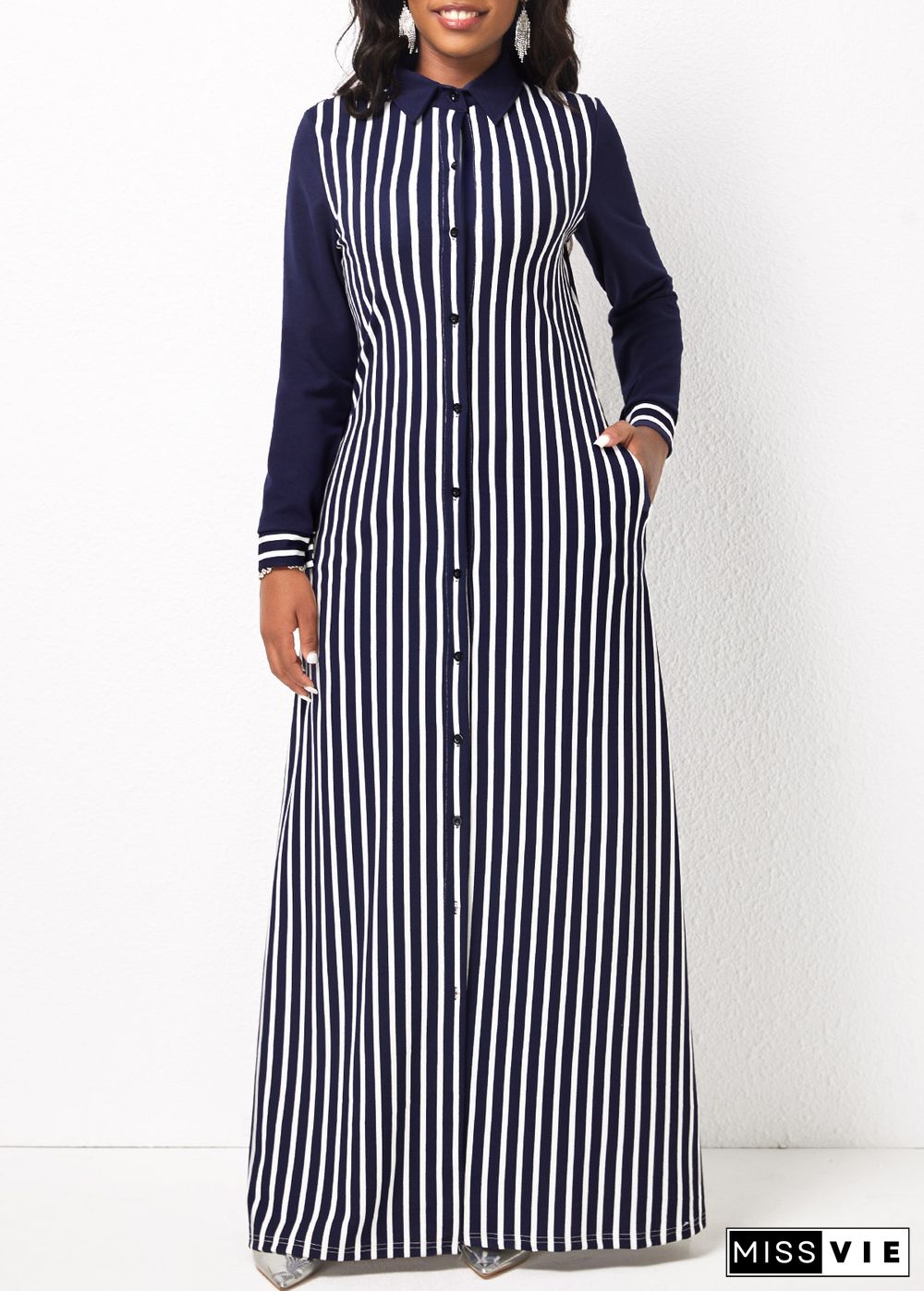 Striped Pocket H Shape Maxi Dress