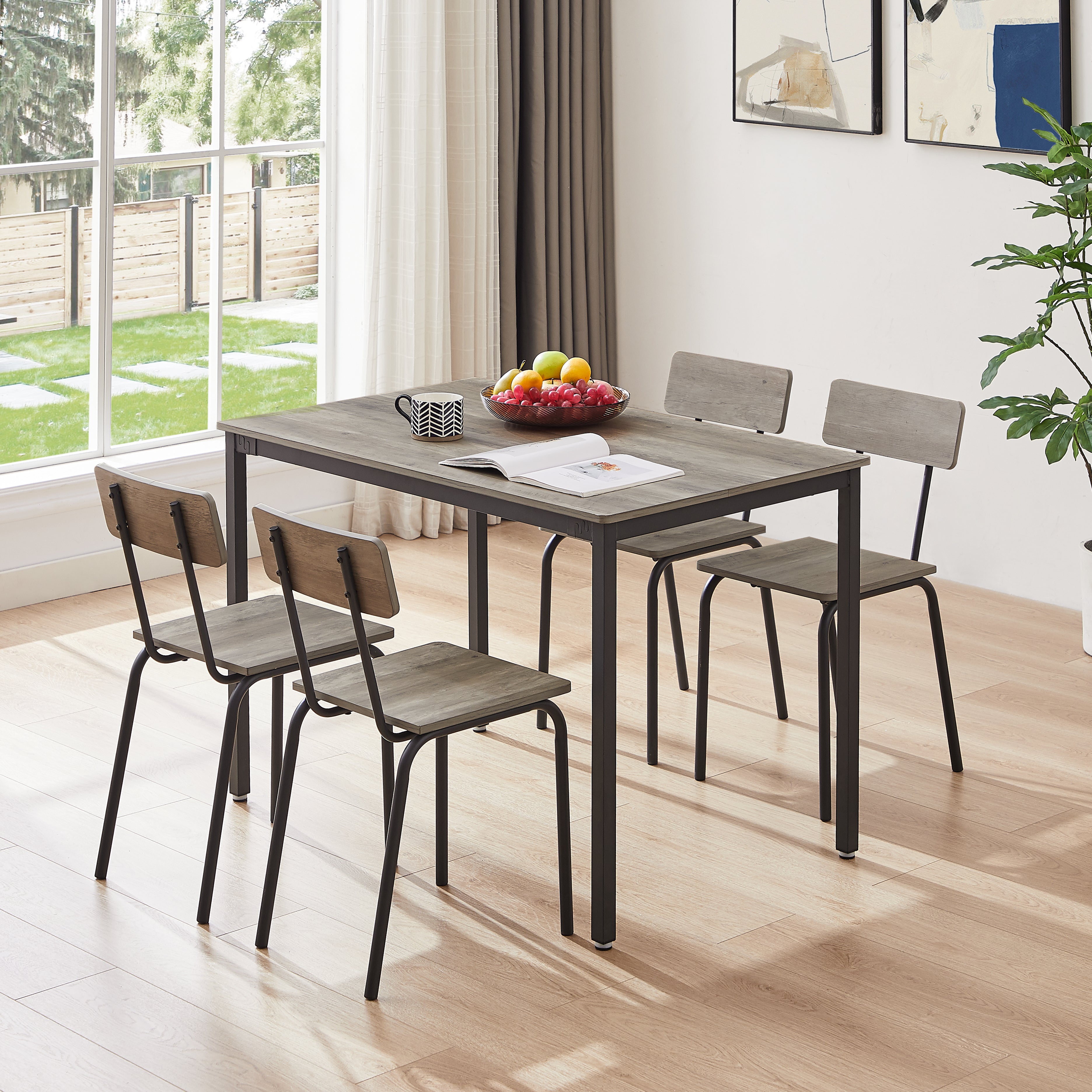 Industrial Style Dining Table and Chairs Set of 5 with Backrests