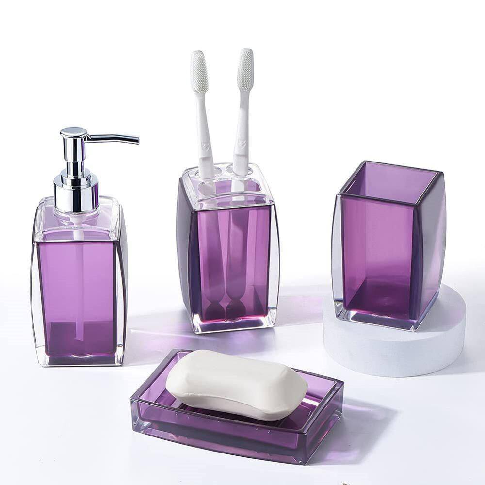 Dracelo 4-Piece Bathroom Accessory Set with Toothbrush Holder Toothbrush Cup Soap Lotion Dispenser Soap Dish in Purple B0B1J56DFT