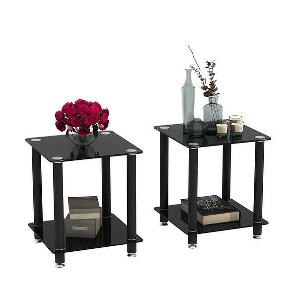 2-tiers Storage End Table Set of 2 Rectangle Side Table with Metal Tube Legs Sofa Table with Tempered Glass Tabletop