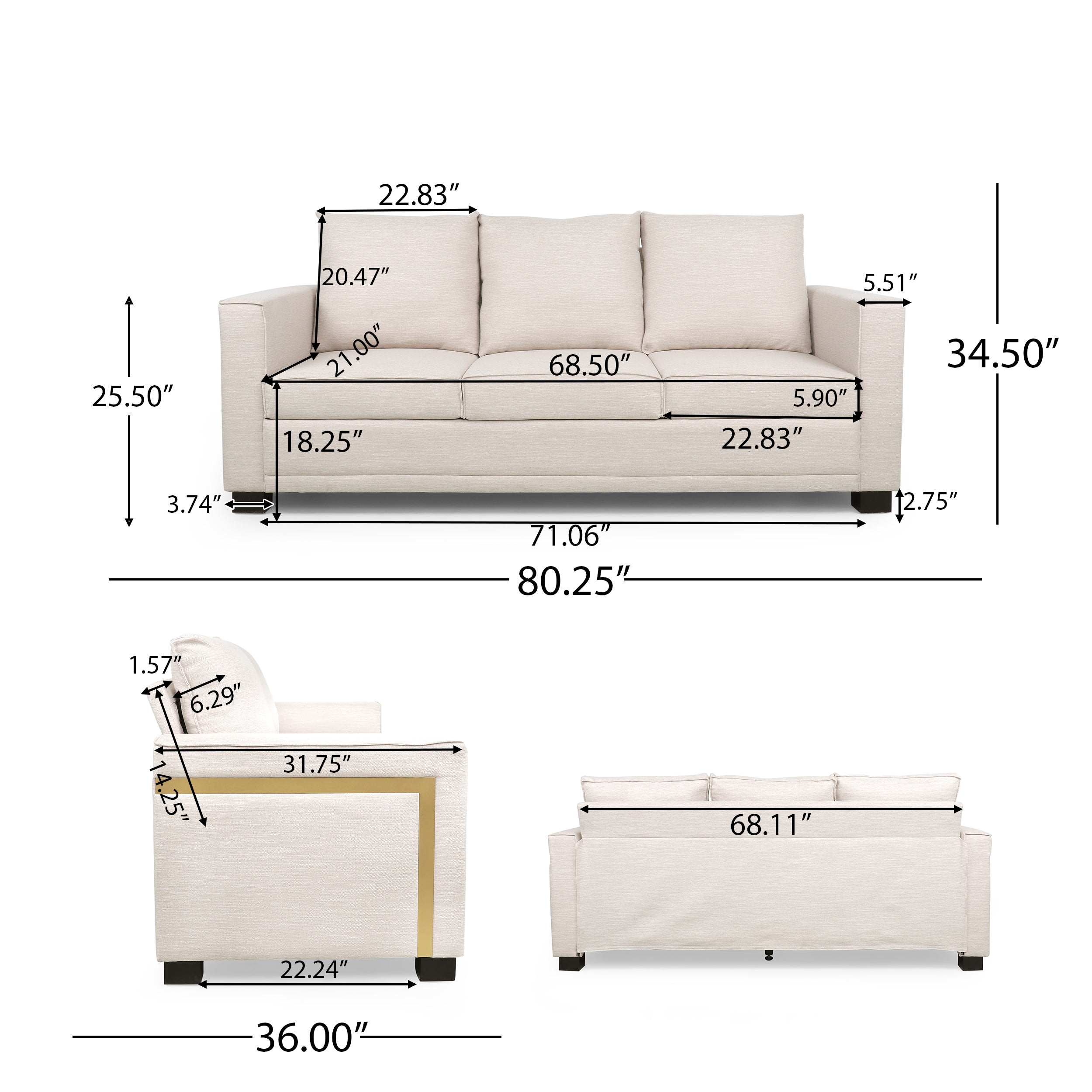 Moultrie Contemporary Upholstered 3 Seater Sofa