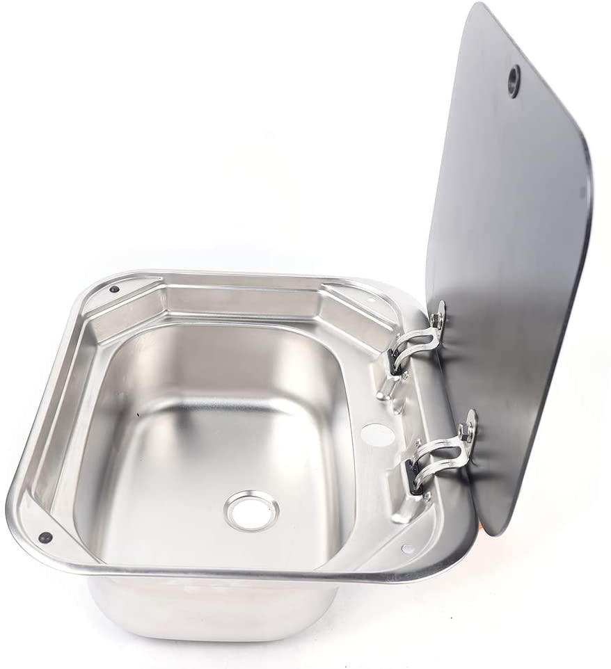 Caravan Sink, RV Caravan Camper Kitchen Basin Sink Stainless Steel with Glass Lid with Cold&Hot Faucet for RV Caravan Camper Boating