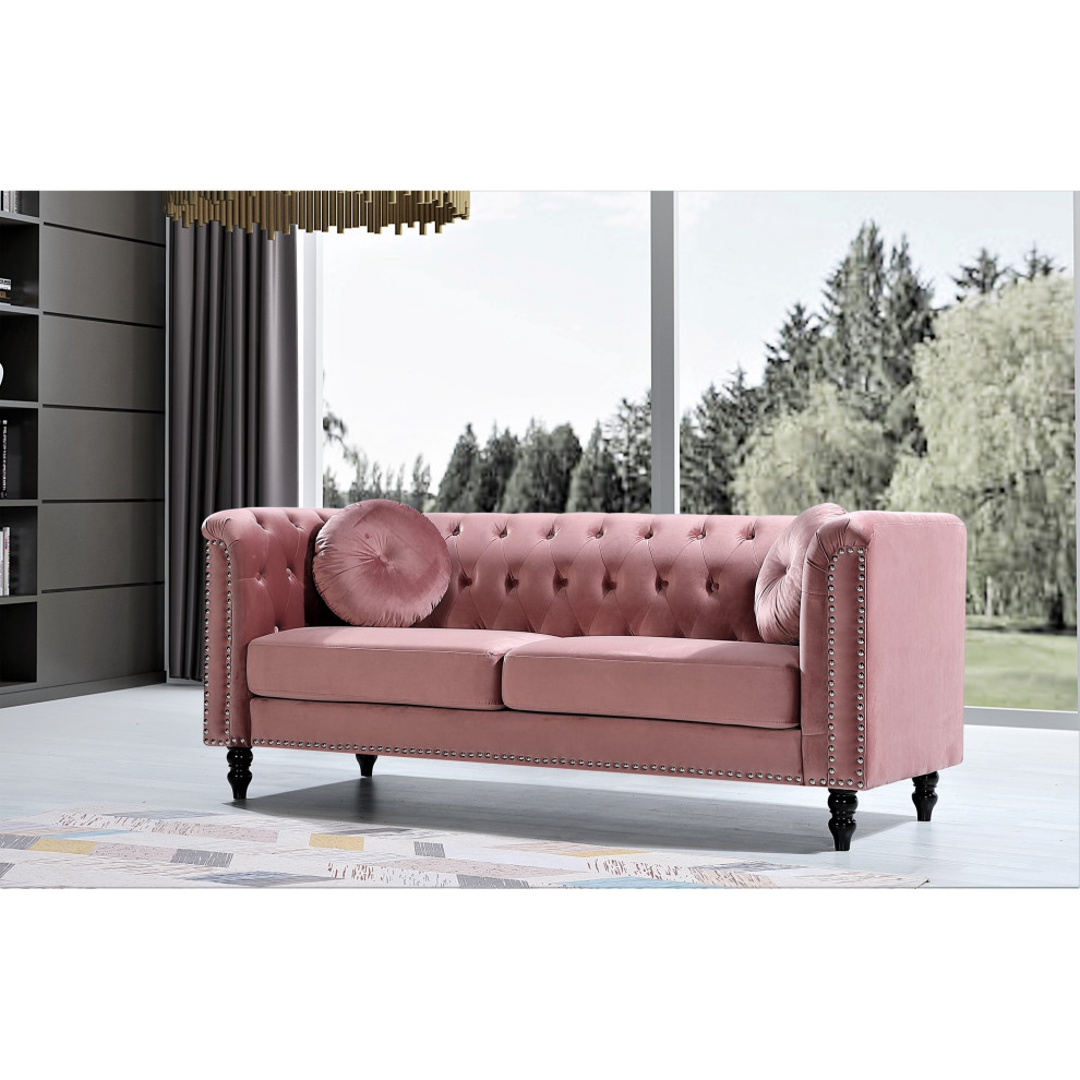 Elegant Sofa  Nailhead Trim  ampButton Tufted Back With 2 Pillows   Eclectic   Sofas   by Decorn  Houzz