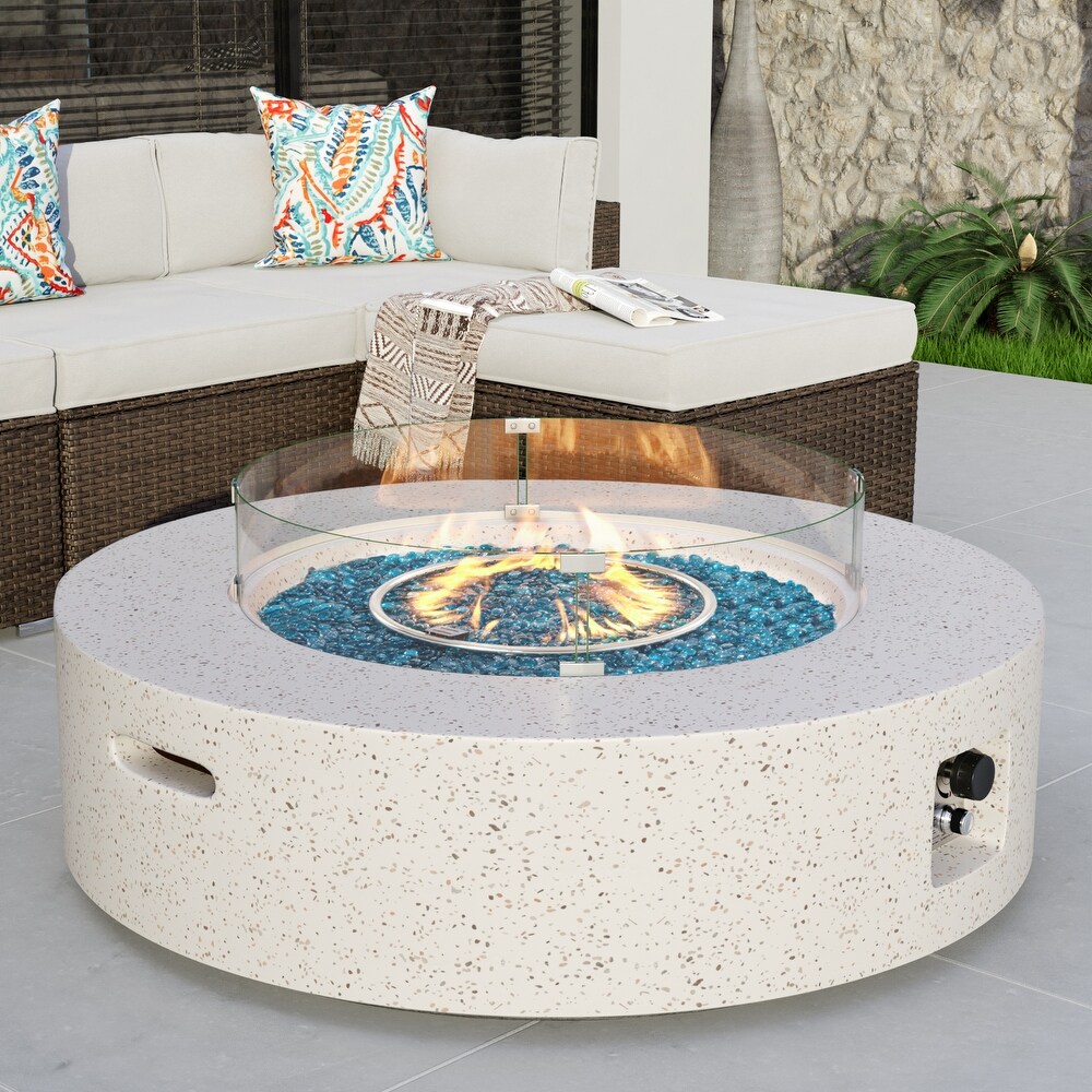 COSIEST Outdoor Round Propane Fire Pit w Wind Guard and Fire Glass