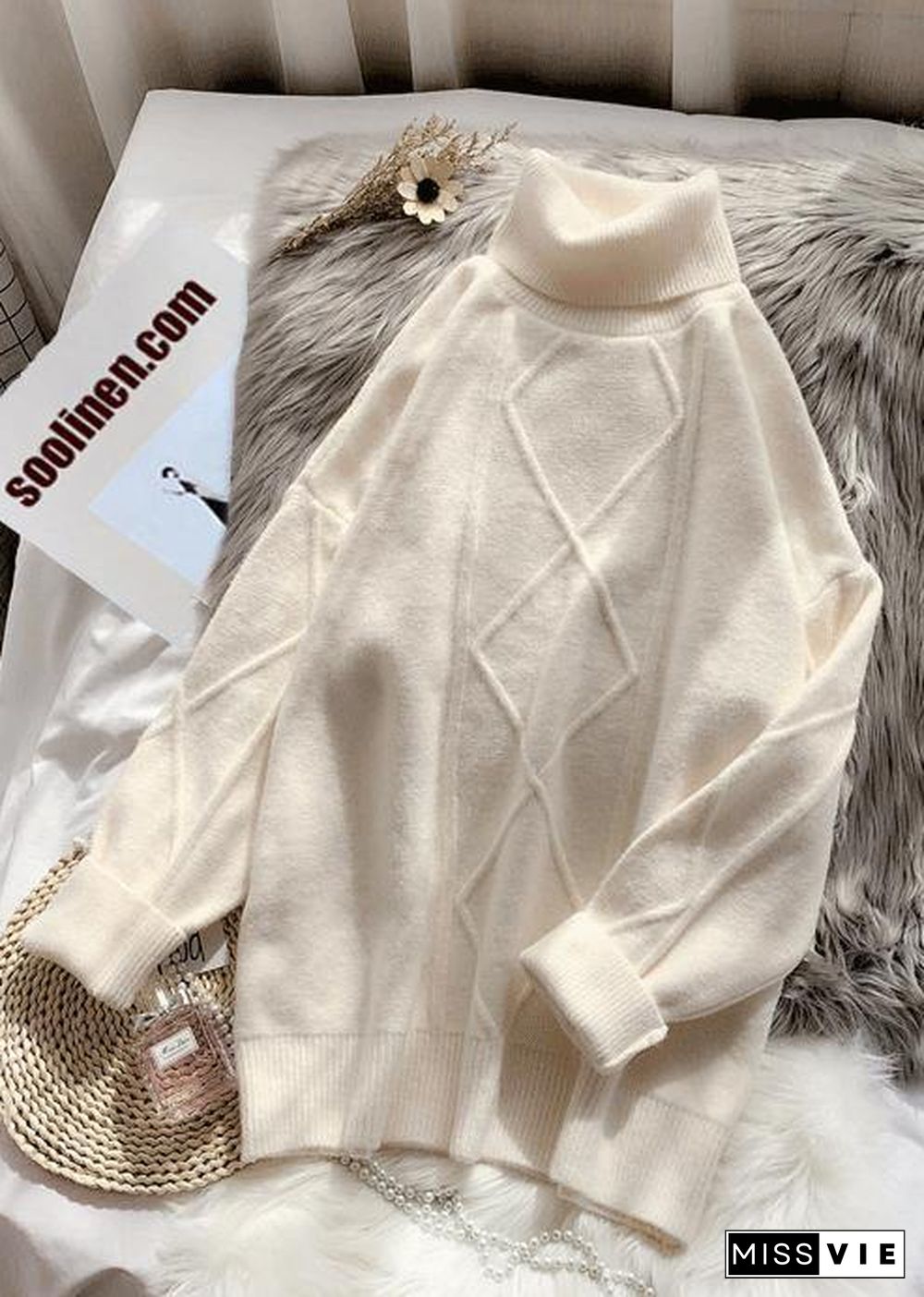 Fashion beige Sweater dresses DIY high neck long sleeve Mujer knitted tops