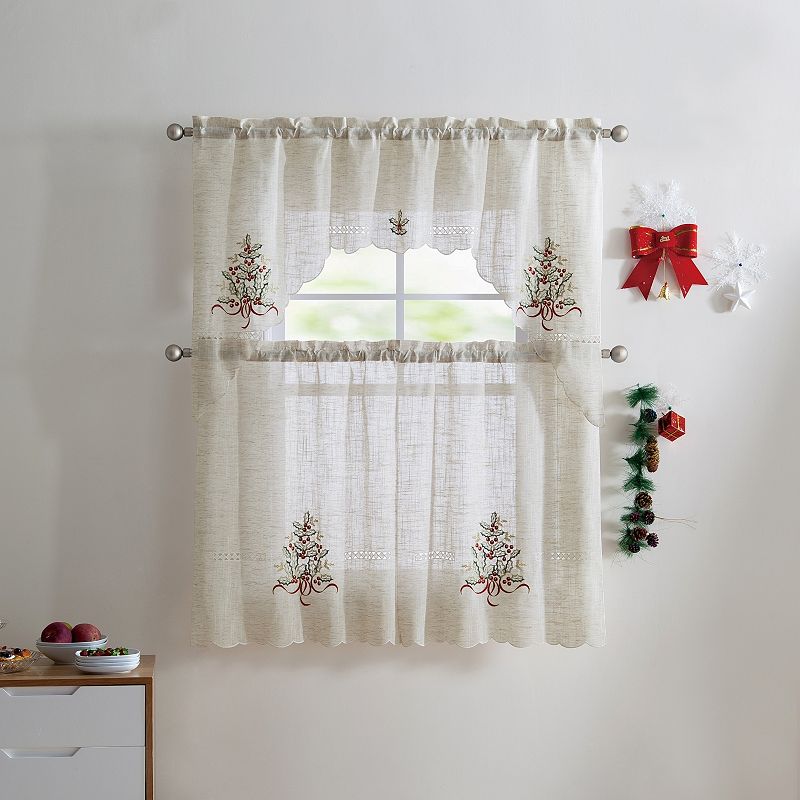 Kate Aurora Christmas Mistletoe Cream Colored Embroidered Complete Semi Sheer Kitchen Curtain Tier and Valance Set