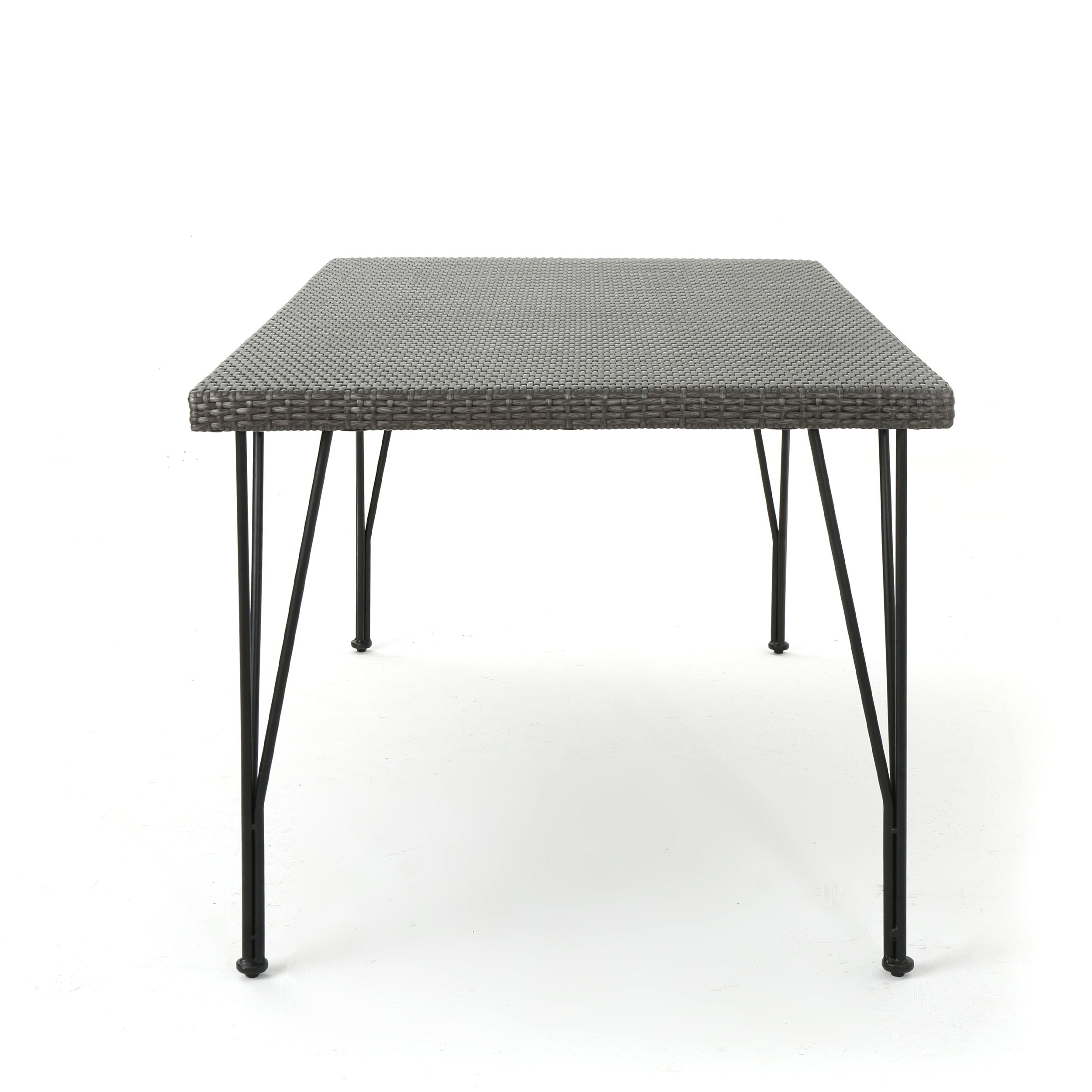 Belmy Outdoor Gray Wicker Rectangular Dining Table with Hair Pin Legs