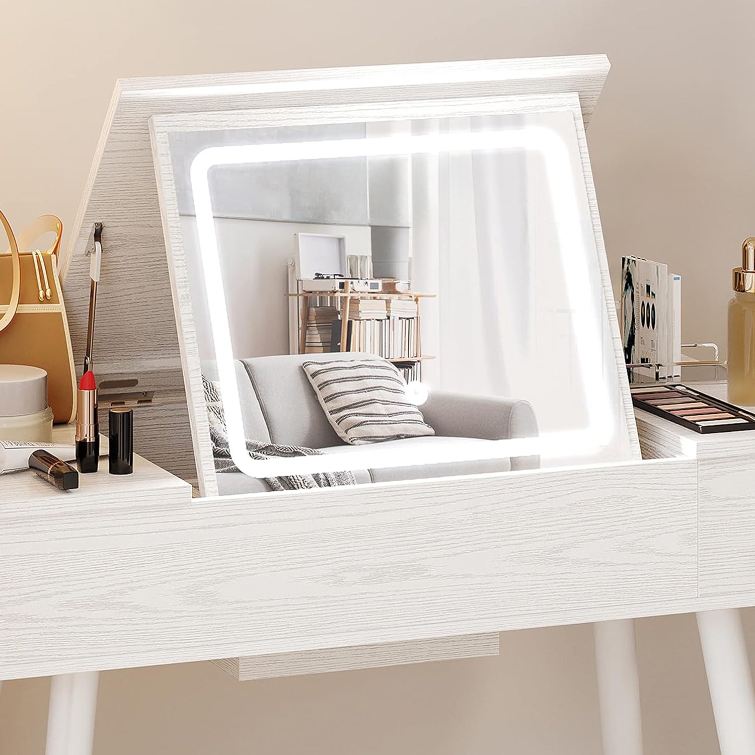 Flip Top Vanity Desk Set with LED Lighted Mirror and Power Outlet, Makeup Vanity Table with Drawers and Cabinet