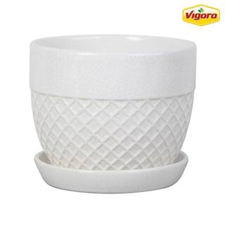 Vigoro 6 in. Delilah Small Glazed White Textured Ceramic Planter (6 in. D x 5 in. H) with Drainage Hole and Attached Saucer CR10732S-060W2