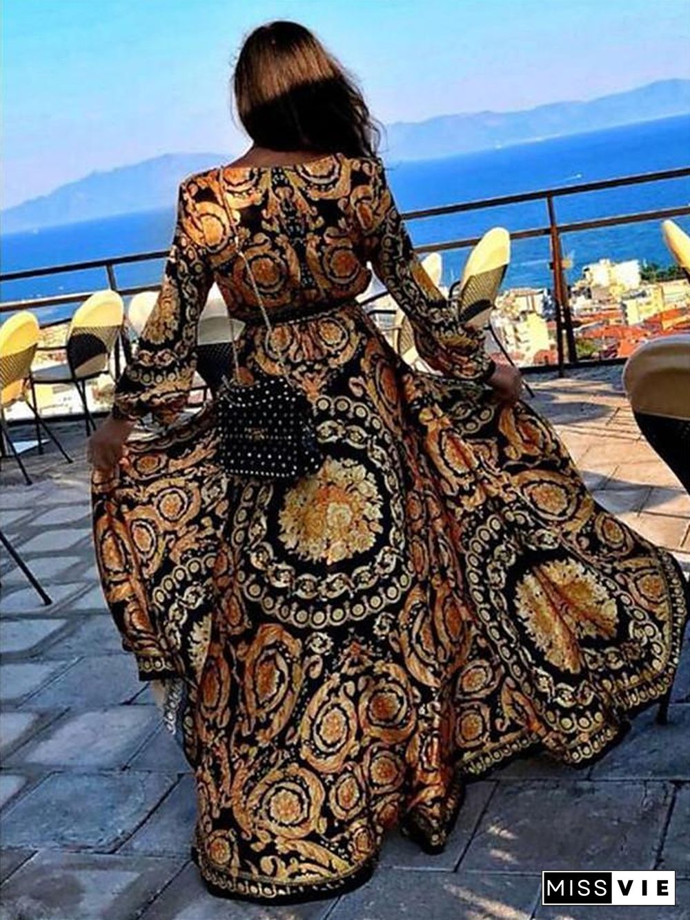 Women's Wrap Dress Maxi long Dress - Long Sleeve Other Print Spring & Summer Deep V Hot Boho Holiday Going out Beach  Yellow S M L XL XXL 3XL / vacation dresses