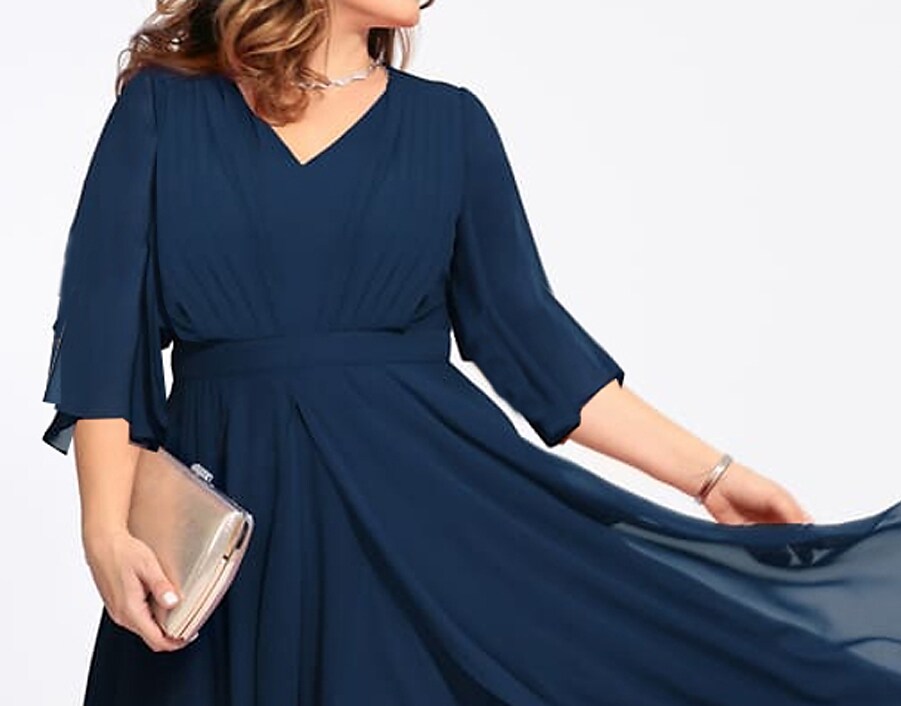 Women's Plus Size A Line Dress Solid Color V Neck 3/4 Length Sleeve Fall Winter Basic Midi Dress Daily Vacation Dress