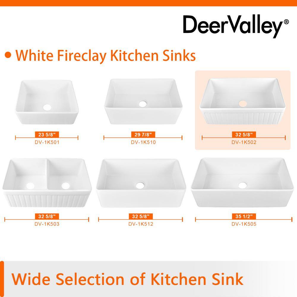 DEERVALLEY Solstice White Fireclay 33 in. L x 18 in. W Rectangular Single Bowl Farmhouse Apron Kitchen Sink with Grid and Strainer DV-1K502