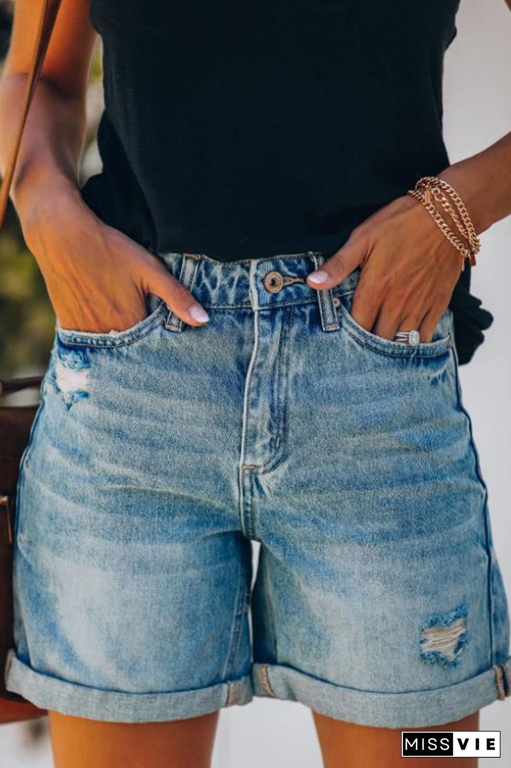 Casual Solid Split Joint Mid Waist Straight Denim Shorts