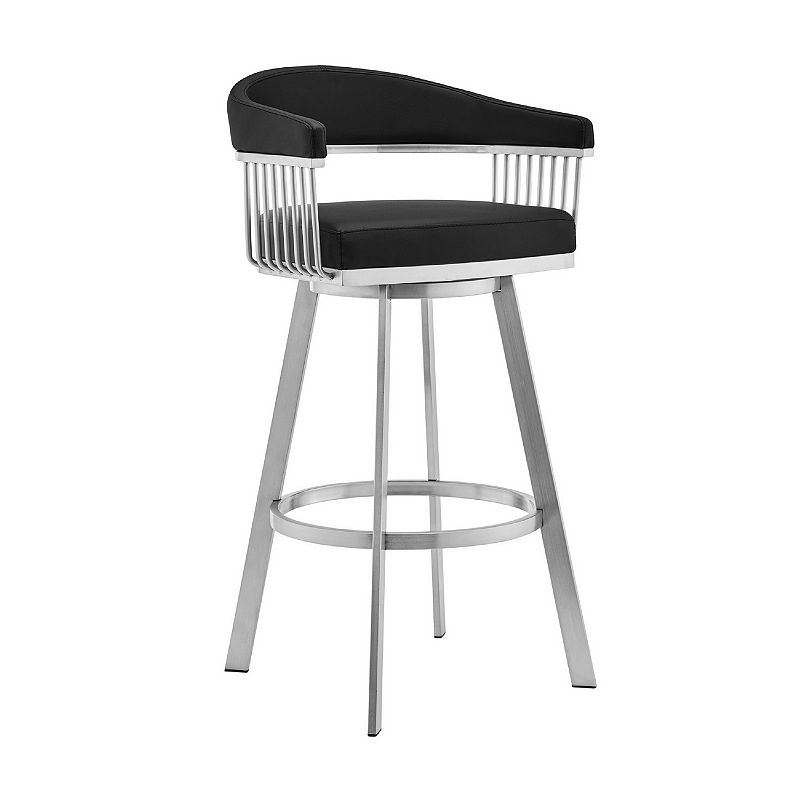 Swivel Barstool with Open Frame and Slatted Metal Arms， Black and Silver