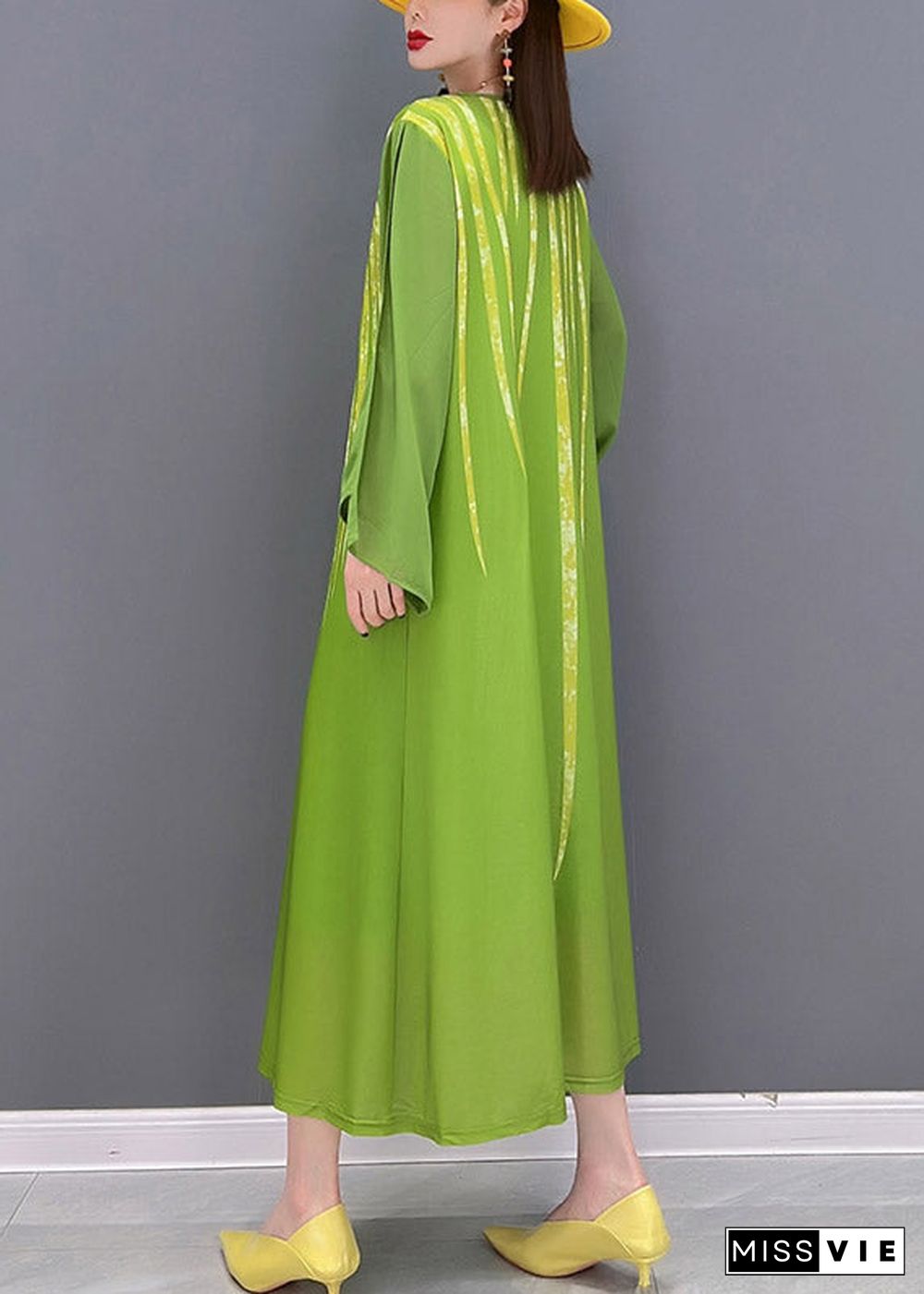 Green Chiffon vacation Dress Appliques Lace Up Long Sleeve