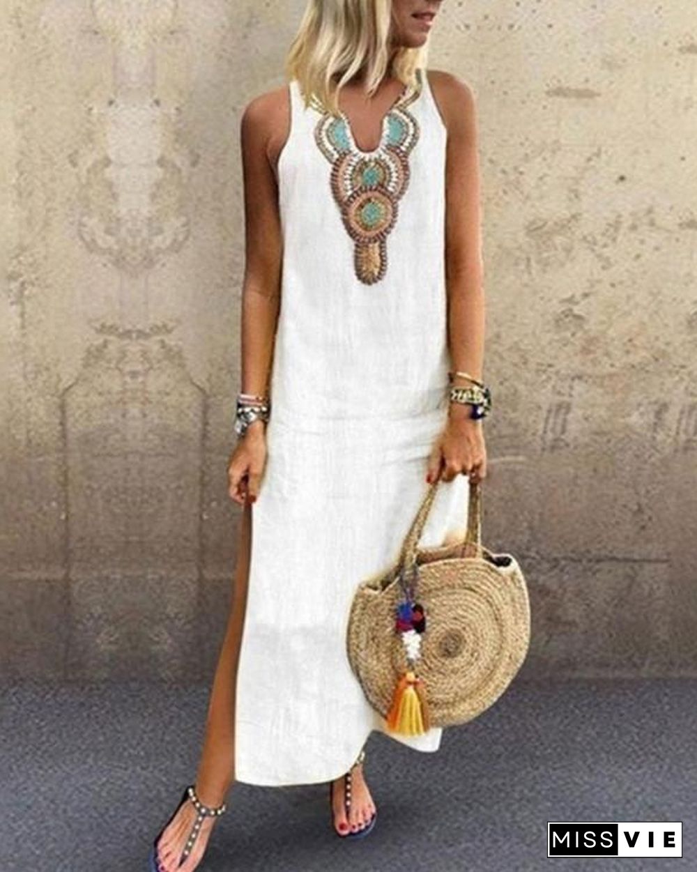 Sexy Side Split V Neck Printed Sleeveless Casual Dresses