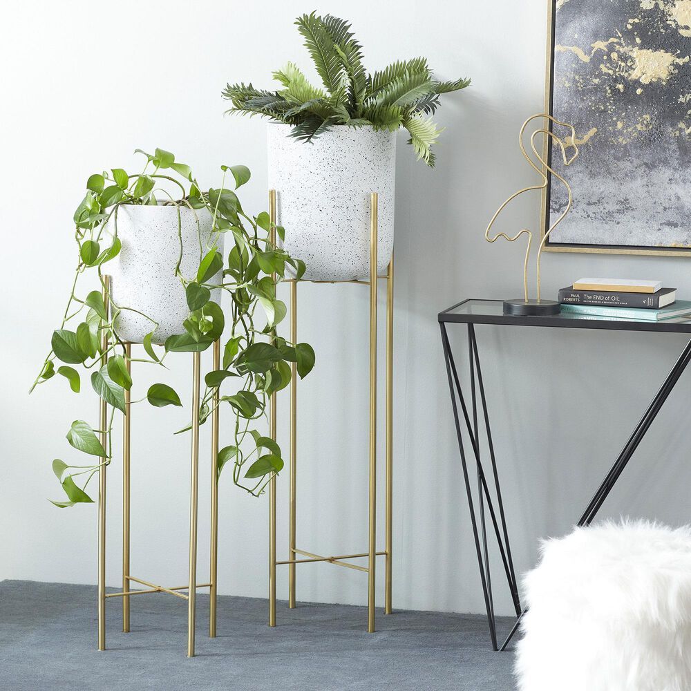 Set of 2 Metal Planters GoldSpeckled White