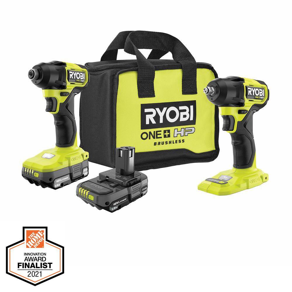 RYOBI ONE+ HP 18V Brushless Cordless Compact 14 in. Impact Driver 38 in. Impact Wrench (2) Batteries Charger and Bag PSBID01K-PSBIW01B