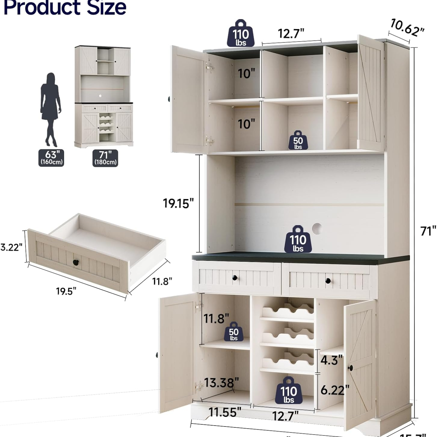 Kitchen Cabinet with Drawers, Wine Rack with Adjustable Shelves , 71 inches.