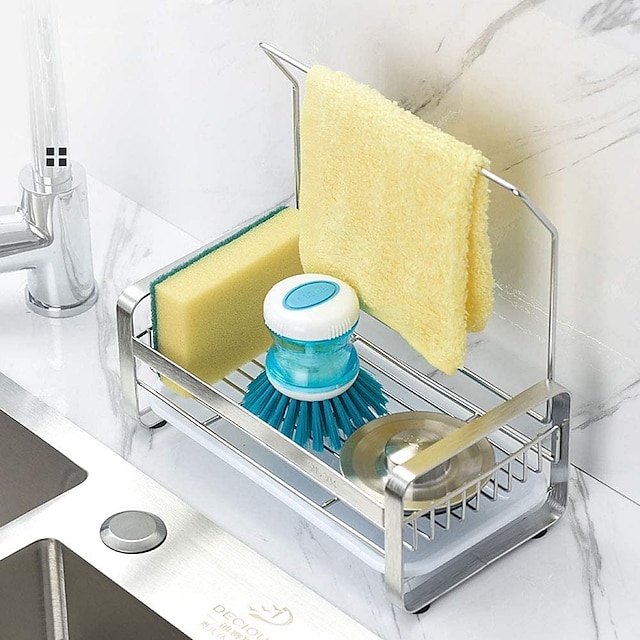 Stainless Steel Sponge Holder with Dishcloth Drying Rack Kitchen Sink Organizer Caddy Tray Sponge Brush Soap Holder Set with Removable Drain Tray for Kitchen