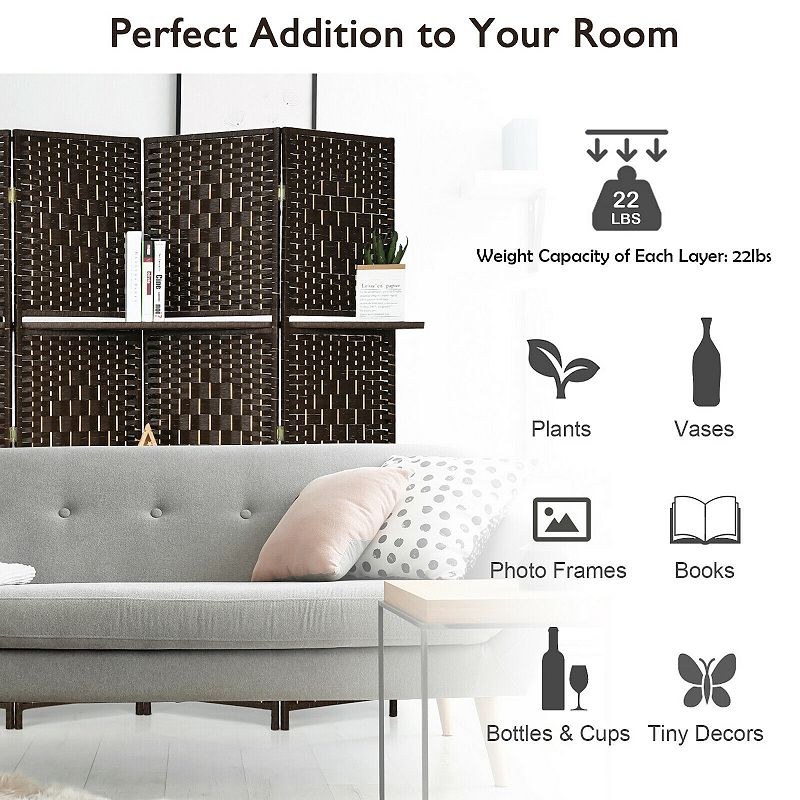 6 Panel Folding Weave Fiber Room Divider with 2 Display Shelves