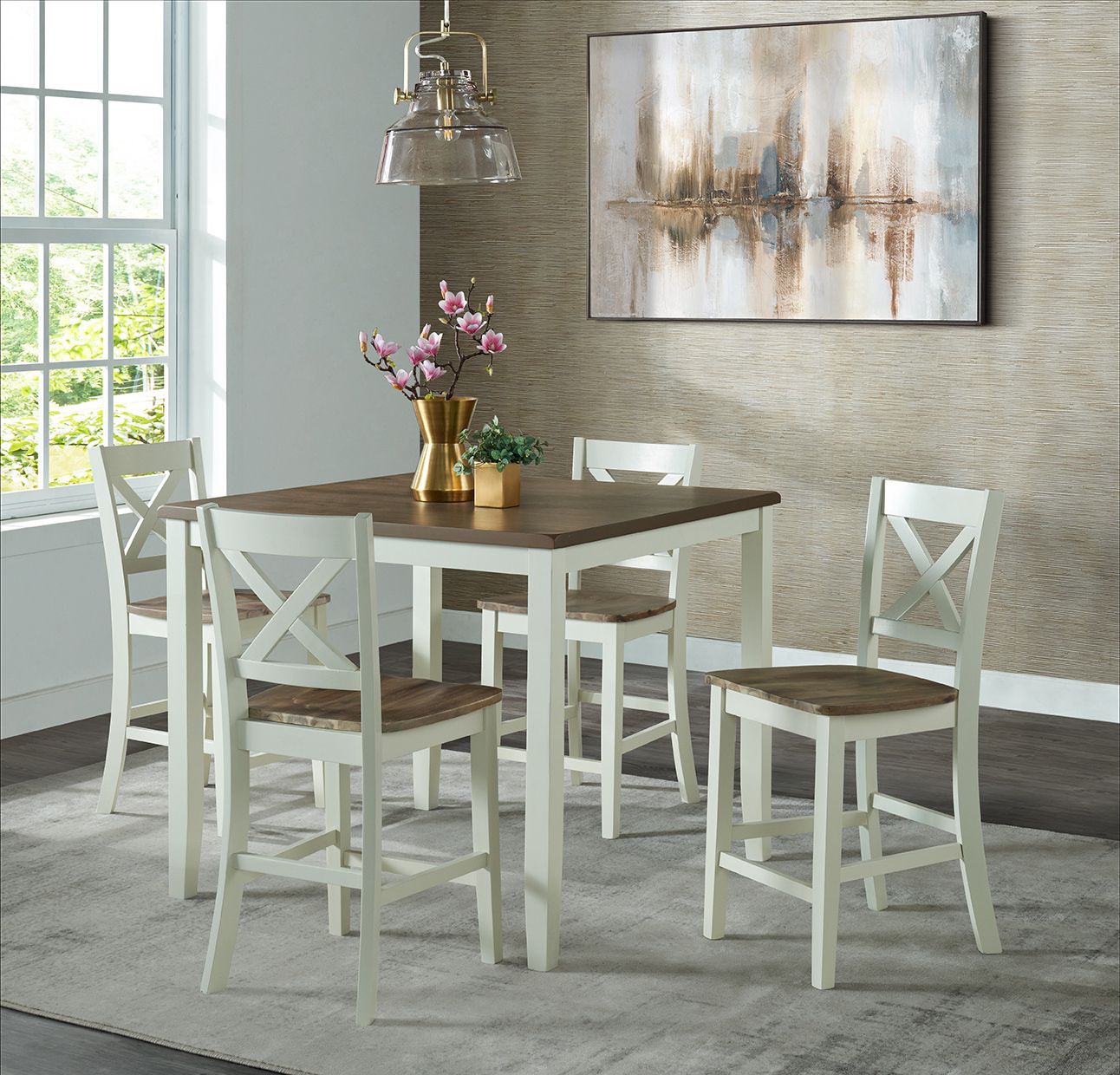 Carmel White Farmhouse 5 Piece Counter Height Dining Set