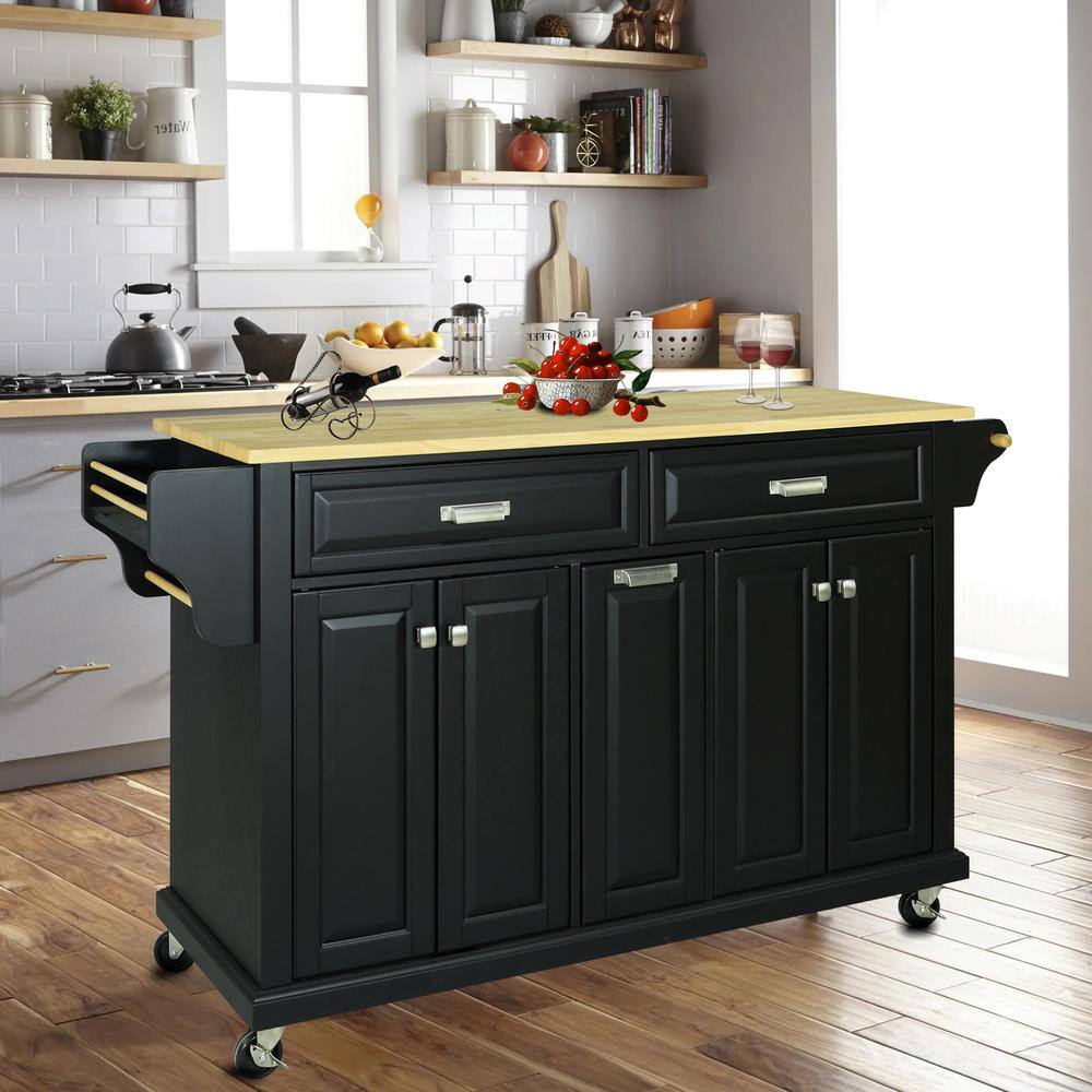 Black Wood 60.50 in. Kitchen Island with Drawers and doors LN20232960