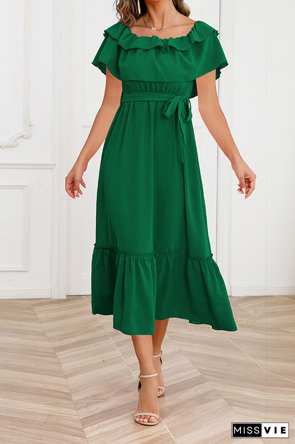 Plain Off Shoulder Ruffles Maxi Dress With Sash