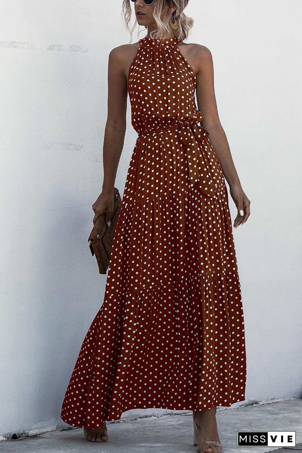 Halter Polka Dot Print Tie Waist Maxi Dress Wholesale