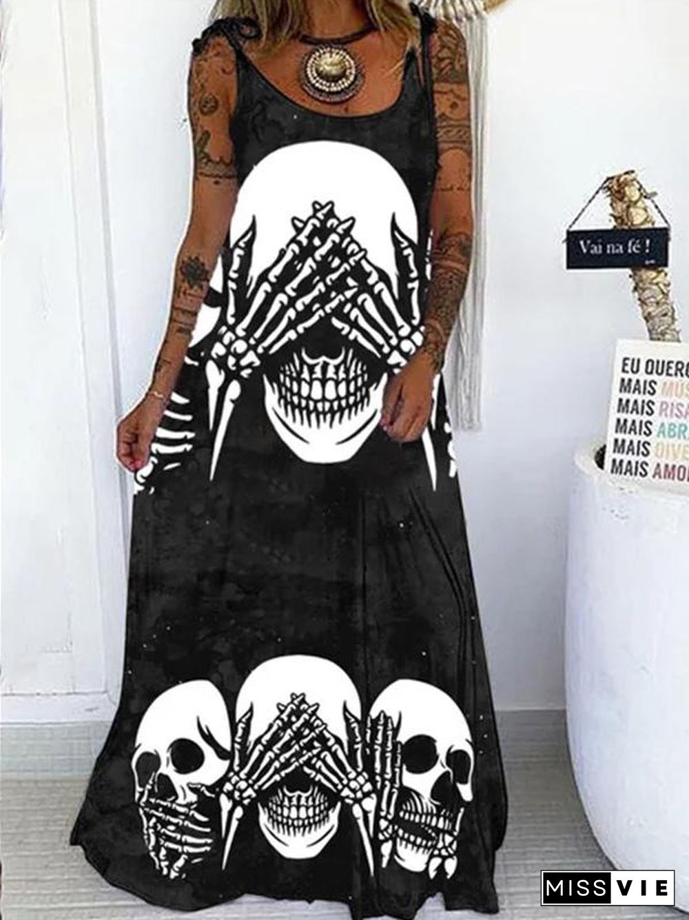 Women'S Dresses Skull Print Loose Belted Maxi Dress