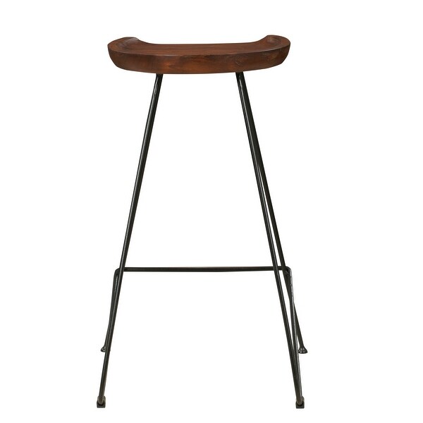 28 Inch Barstool with Acacia Wood Seat and Iron Frame， Dark Brown and Black