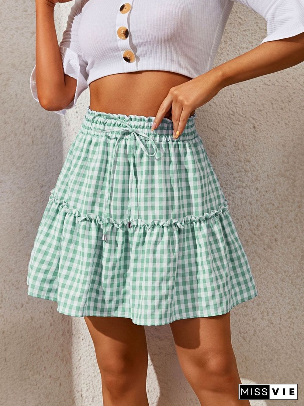 Casual Skirts Women Summer Skirt New Smocked Elastic Waist Lace-up Vintage Plaid Print Mini Skirt For Office Lady