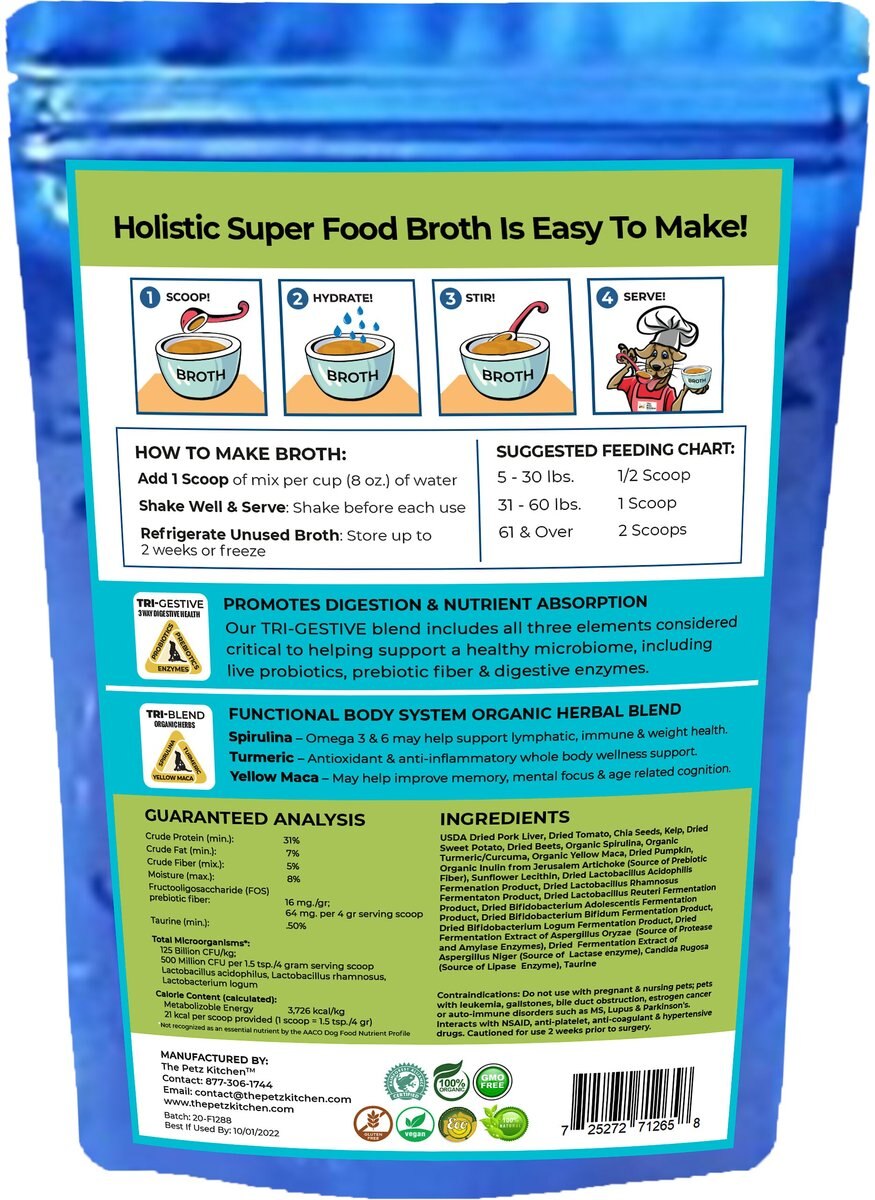 The Petz Kitchen Holistic Super Food Broth One and Done Daily Greens Support Pork Flavor Concentrate Powder Dog and Cat Supplement， 4.5-oz bag