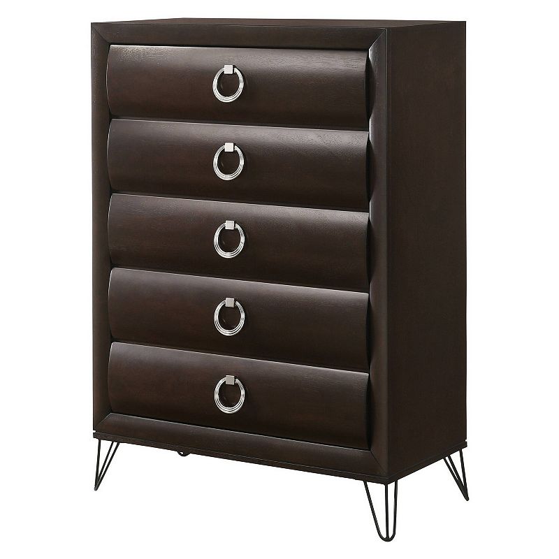 5 Drawer Wooden Chest with Metal Ring Handles and Harpin Legs， Brown