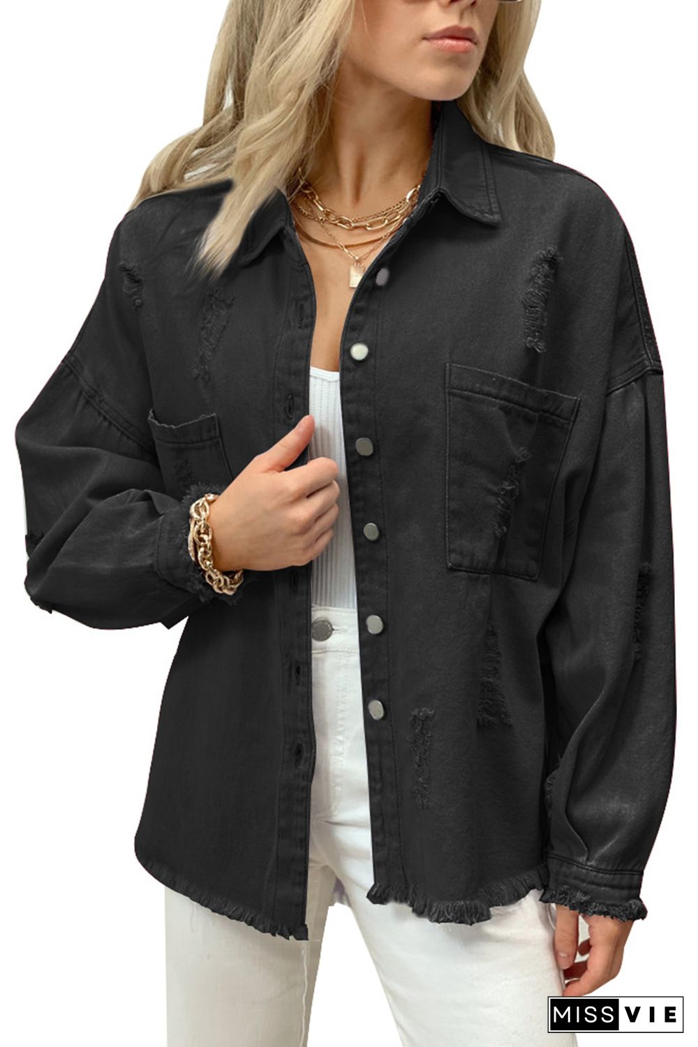 Black Distressed Fringe Trim Denim Jacket