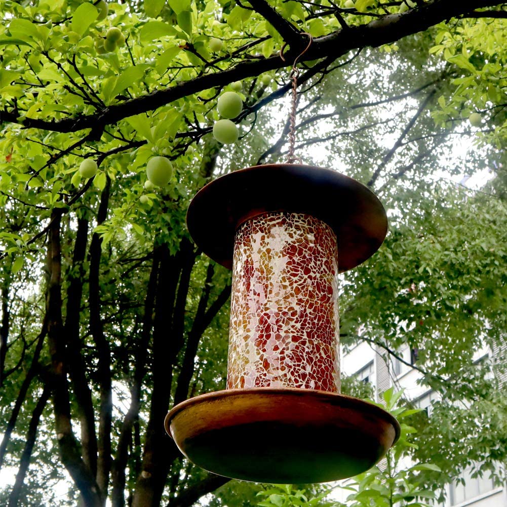 Solar Bird Feeders for Outdoor Hanging， Premium Metal Hummingbird feeders， Waterproof Wild Bird Feeder with Light for Feeding， Unique Retro Bird Feeders for Bird Lovers (Mosaic Copper)