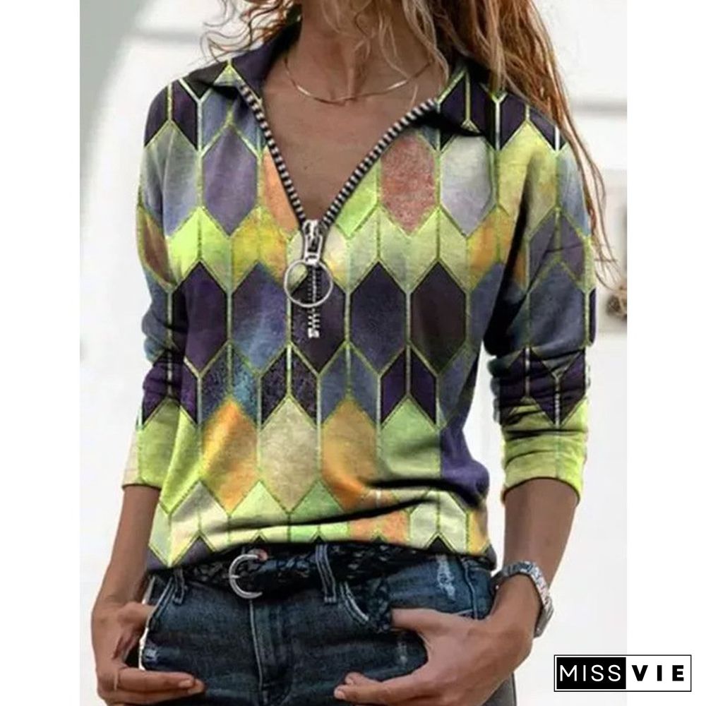 Women Fashion Simple Shawl collar Geometric Shift Shirt