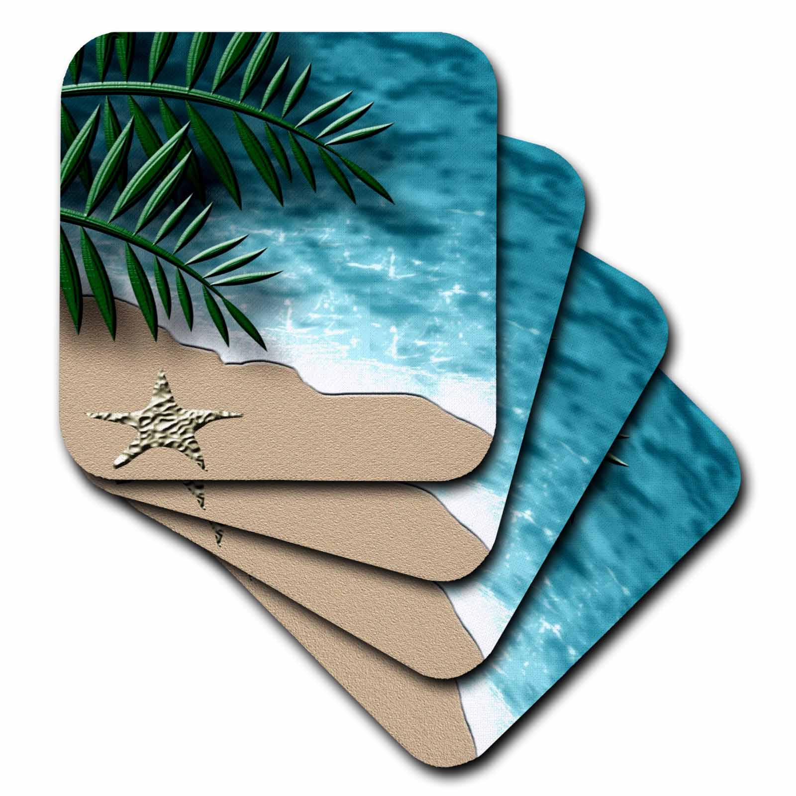 3dRose Stylized Beach Scene Shoreline Ocean Sand Starfish - Soft Coasters， set of 8