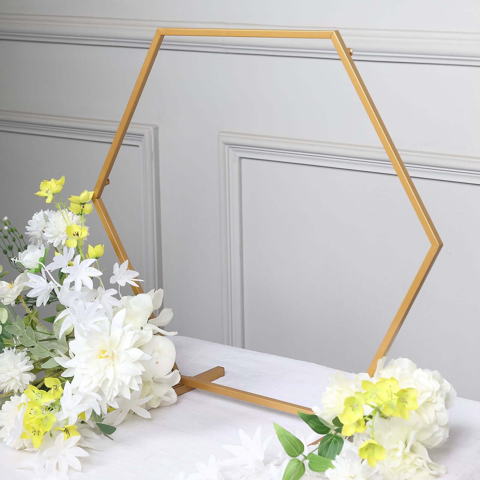 Gold Metal Hexagon Table Wedding Arch Centerpiece Stand, Geometric Self Standing Flower Balloon Frame 21