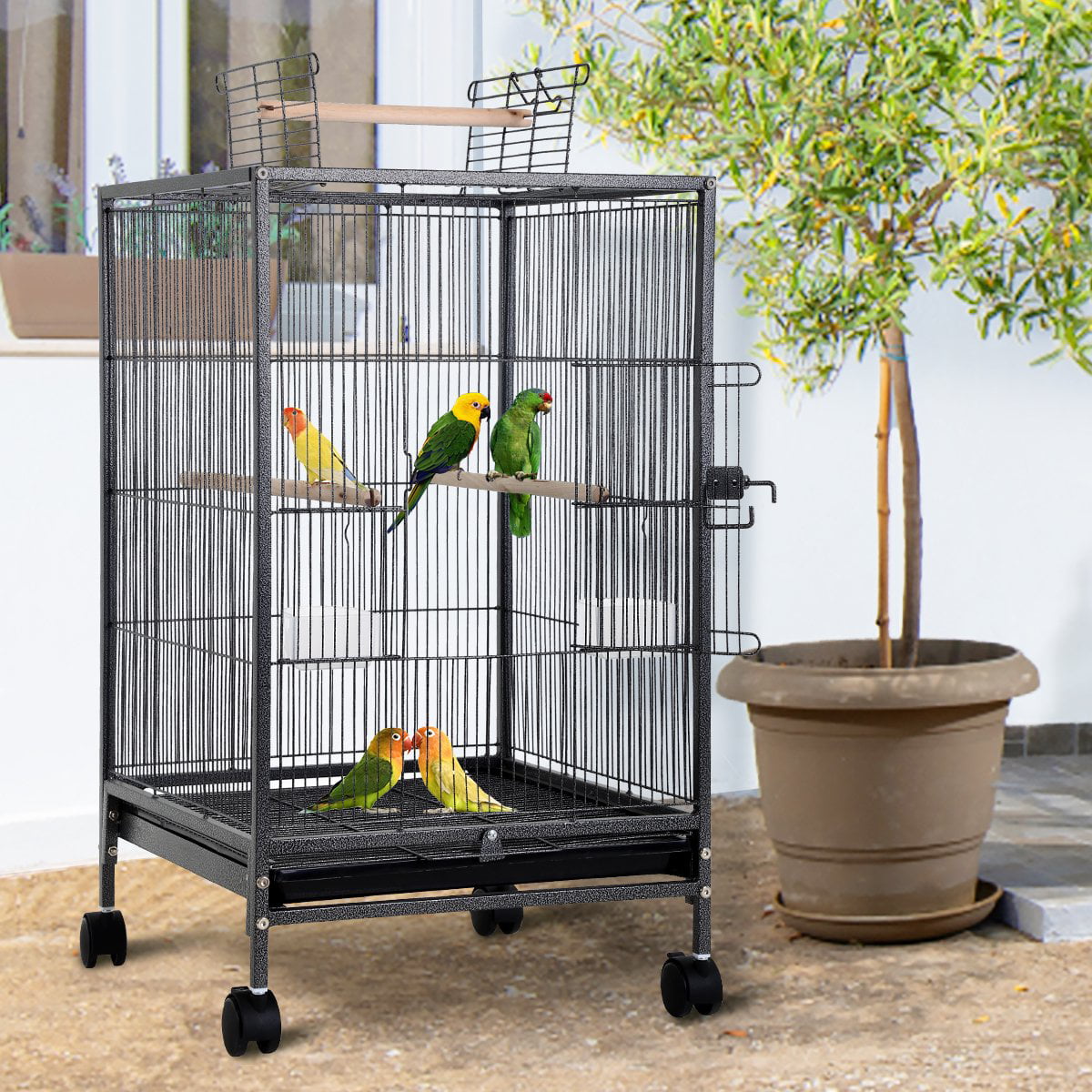 35 inch Birdcage with Stand Parrot Cage for Large Birds Parakeet Cage Wrought Iron Jaulas Para Pajaros with Play Open Top， Bottom Tray， 2 Feeders for Parakeets， Canary， Cockatiel