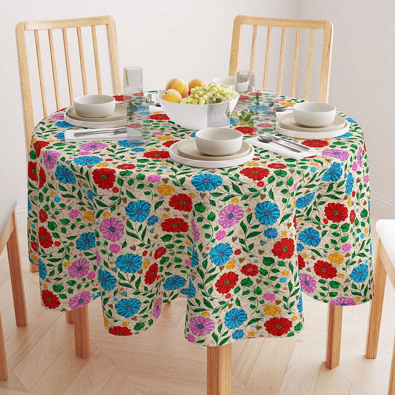 Round Tablecloth， 100% Polyester， 70 Round， Dots on Floral Landscape