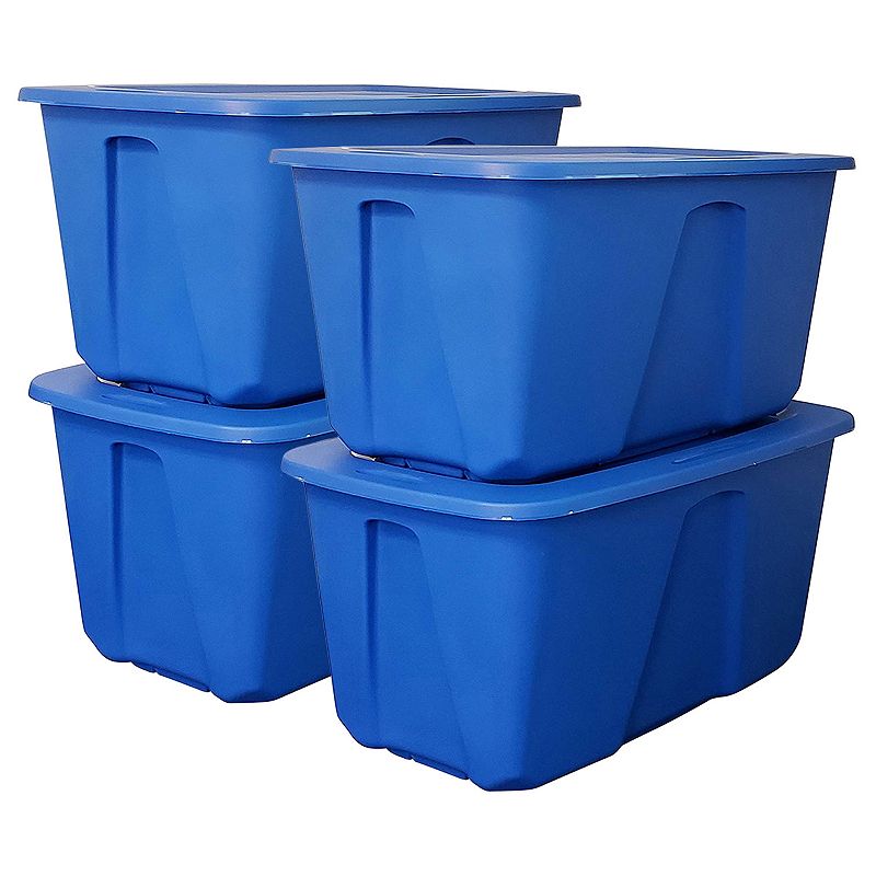 Homz 32 Gallon Standard Plastic Storage Container with Secure Lid， Blue， 4 Pack