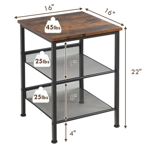 3 Tier Industrial End Table with Mesh Shelves and Adjustable Shelves