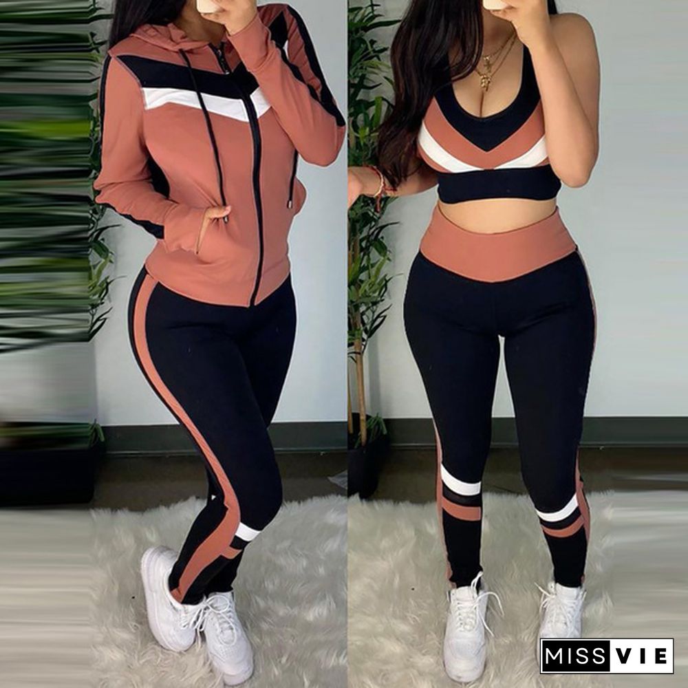 Women Fashion Sports Suits Running Wear Gym Clothes Vest Top / Pants/ Coat 3Pcs Set