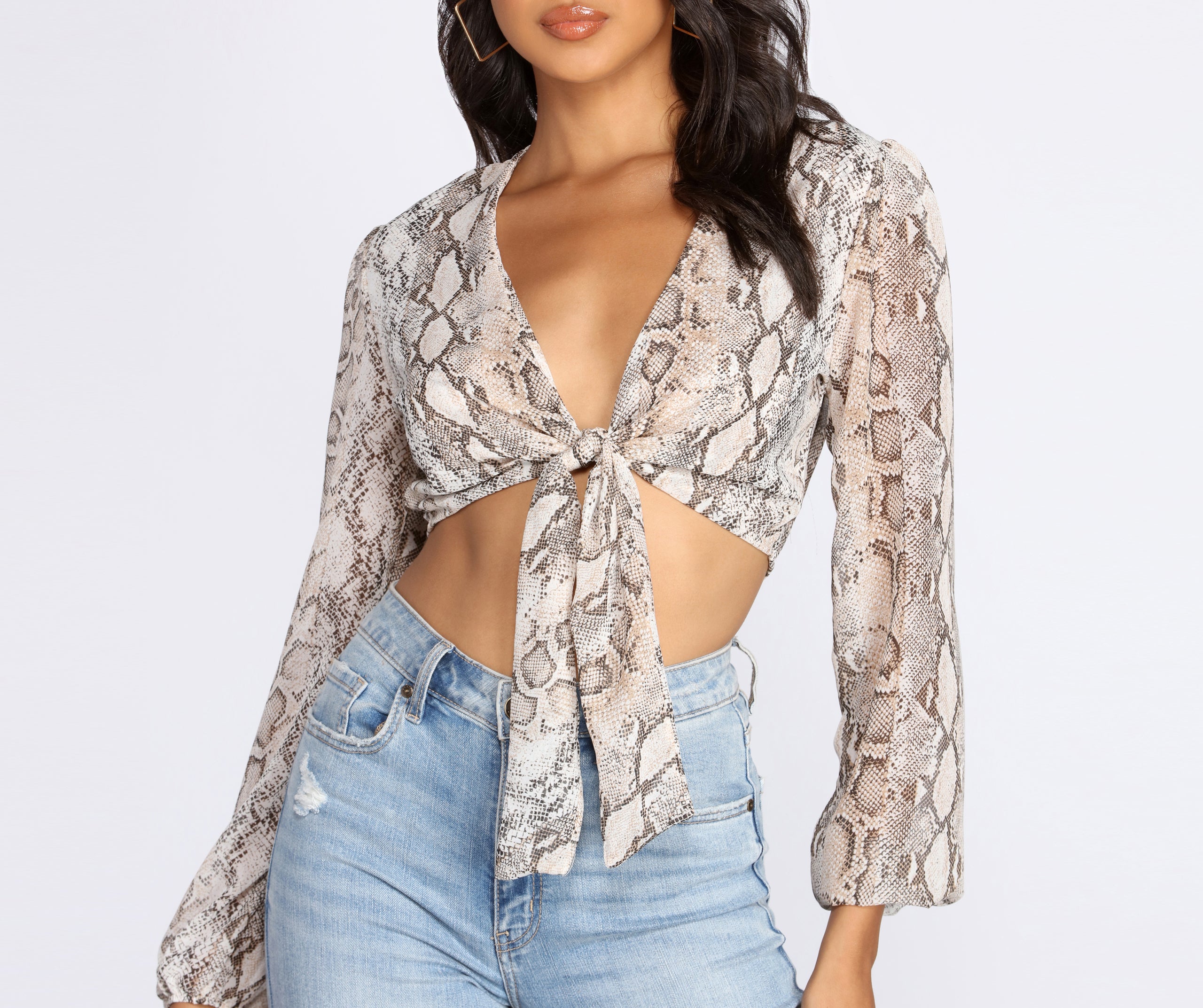 Snake Print Long Sleeve Crop Top