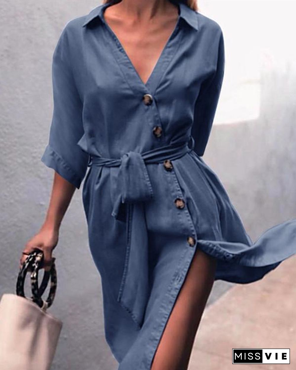 Tie Waist Button Down Elegant Shirt Dress 3/4 Sleeve Casual Dress