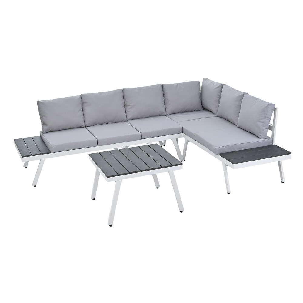 5 Piece Aluminum Outdoor Patio Furniture Set  Modern Garden Sectional Sofa Set with End Coffee Table  for Backyard  Grey