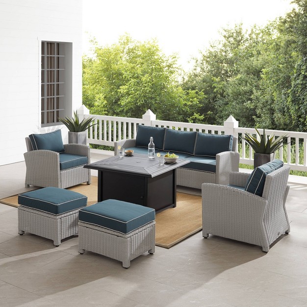 Bradenton 6pc Outdoor Wicker Sofa And Arm Chair Seating Set With Dante Fire Table And 2 Ottomans Navy gray Crosley